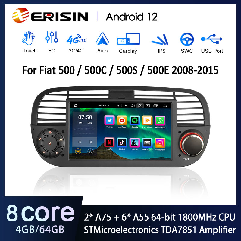 Erisin ES8905FW 7“ ”Android 12.0 Autoradio GPS For Fiat 500/500C/500S 500E  Bluetooth 4G SIM Card Wireless CarPlay Auto Stereo SWC DTV DSP -  Erisinworldwide