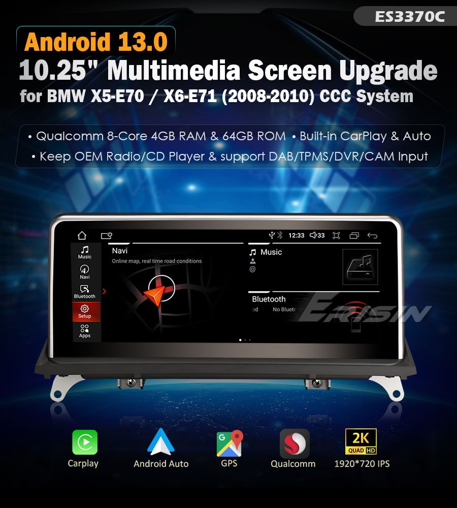 Erisin ES3370C HD 2K IPS Android 13 Car Stereo for BMW BMW X5 E70